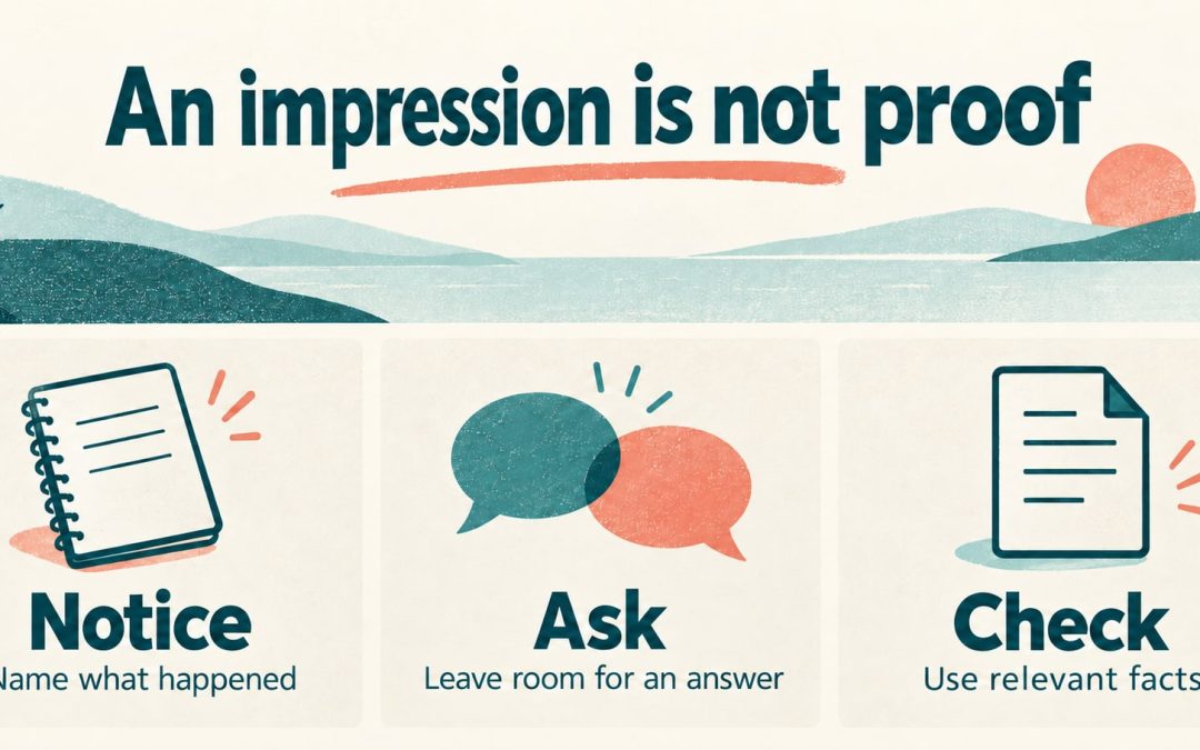 Illustrated guide: Notice—Name what happened. Ask—Leave room for an answer. Check—Use relevant facts. An impression is not proof.