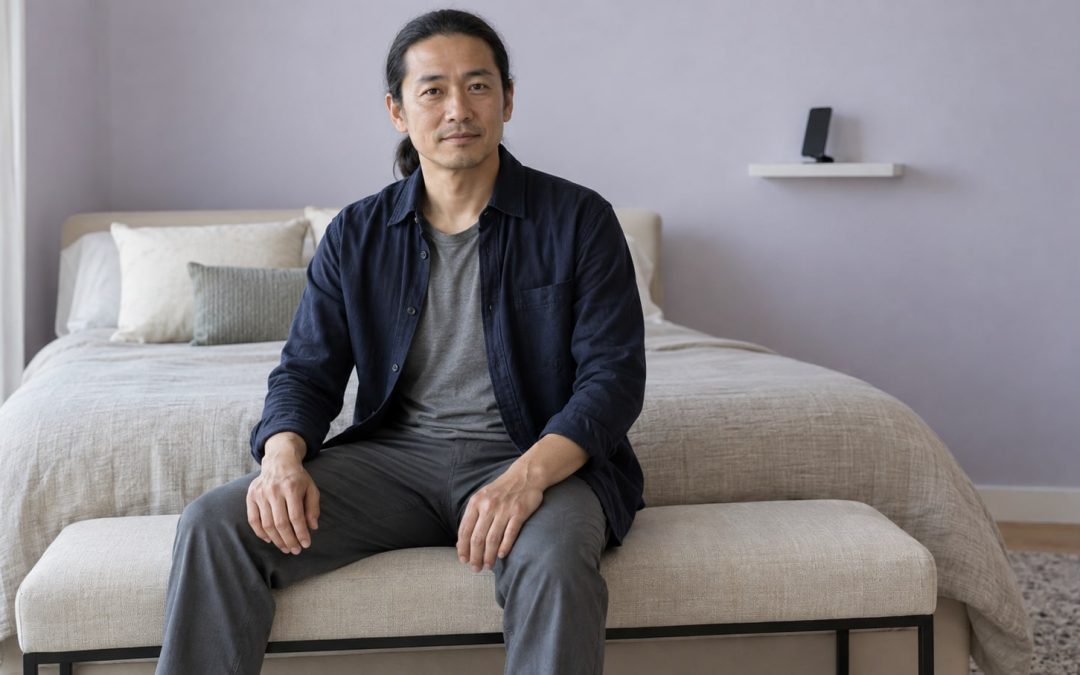 Man in his forties seated on a bedroom bench with his hands resting on his thighs and a modern smartphone unused on a wall shelf behind him.